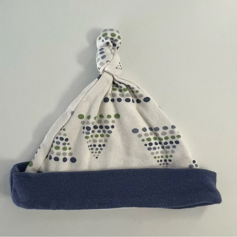 Chickpea knotted baby hat - blue, green, gray dots